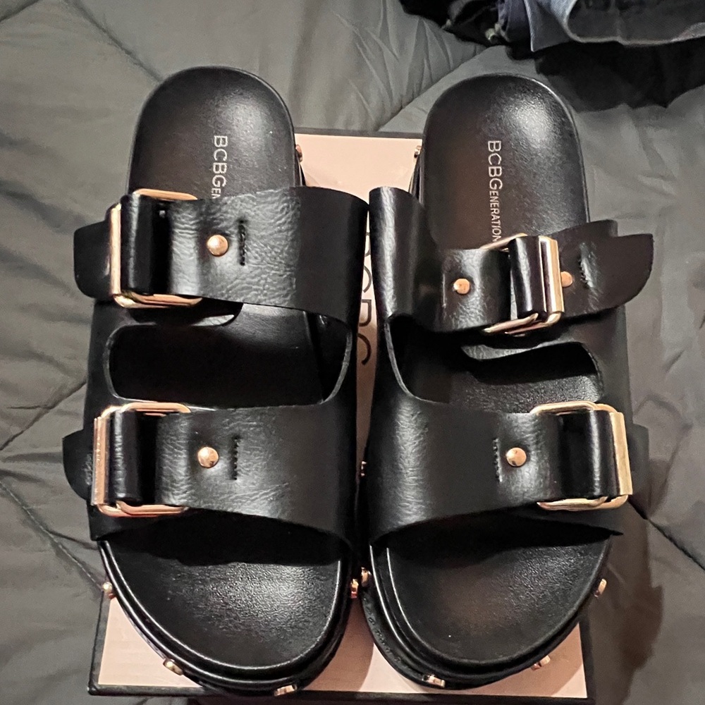 Black leather BCBG slides